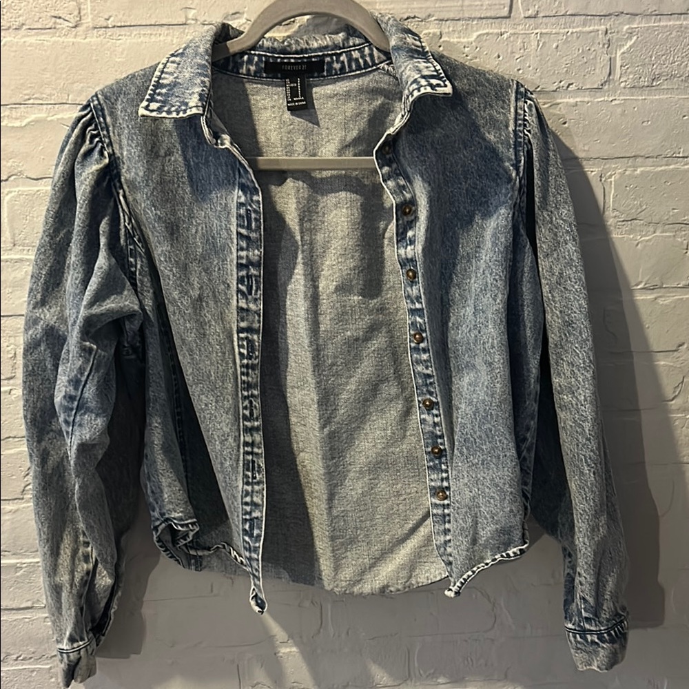 Forever 21 Blue Jean Jacket Cropped Distressed